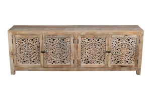 Homeroots 86" Rustic Solid Wood Enclosed Storage Tv Stand With Hand-carved Floral Design For Stylish Spaces  Solid Wood 489499