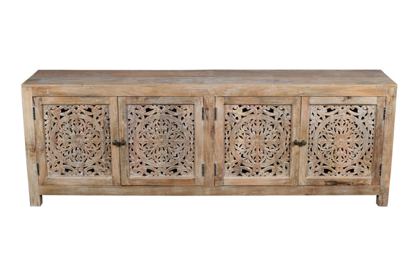 Homeroots 86" Rustic Solid Wood Enclosed Storage Tv Stand With Hand-carved Floral Design For Stylish Spaces  Solid Wood 489499