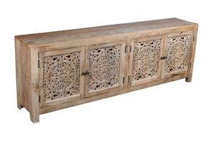 Homeroots 86" Rustic Solid Wood Enclosed Storage Tv Stand With Hand-carved Floral Design For Stylish Spaces  Solid Wood 489499