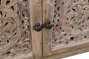 Homeroots 86" Rustic Solid Wood Enclosed Storage Tv Stand With Hand-carved Floral Design For Stylish Spaces  Solid Wood 489499