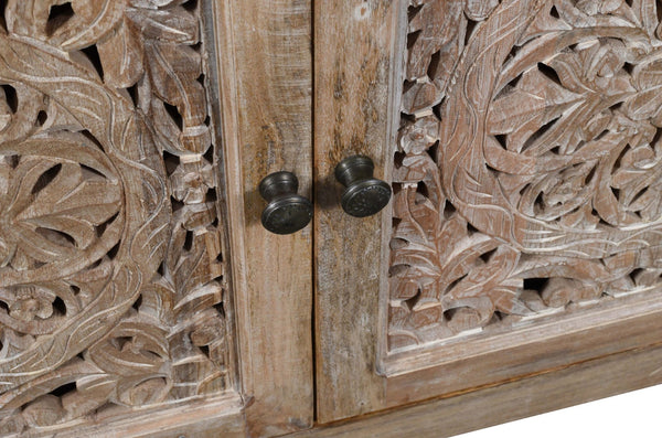 Homeroots 86" Rustic Solid Wood Enclosed Storage Tv Stand With Hand-carved Floral Design For Stylish Spaces  Solid Wood 489499