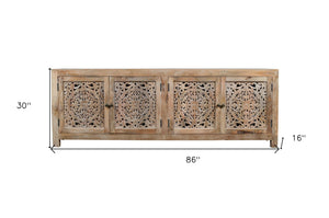 Homeroots 86" Rustic Solid Wood Enclosed Storage Tv Stand With Hand-carved Floral Design For Stylish Spaces  Solid Wood 489499