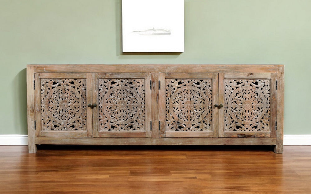 HomeRoots 86" Handcrafted Solid Wood TV Stand with Vintage Floral Carvings and Hidden Storage for Any Room 489499