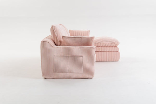 English Elm L Shaped Corduroy Modular Sectional with Cloud Cushions Footstool and Lumbar Pillows Pink W395S00138