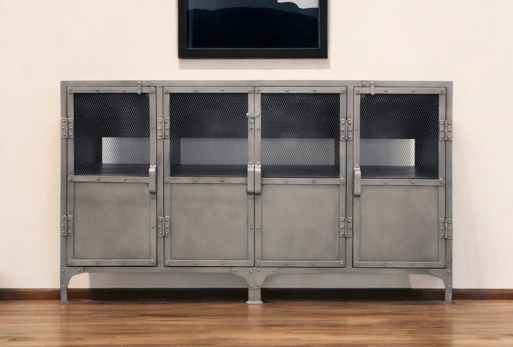 HomeRoots 61" Gray Metal Enclosed Storage TV Stand - Industrial Media Cabinet for Stylish Home Organization & Decor 489500
