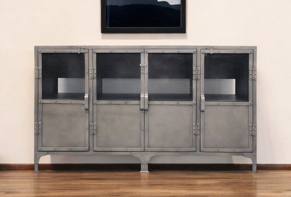 HomeRoots 61" Gray Metal Enclosed Storage TV Stand - Industrial Media Cabinet for Stylish Home Organization & Decor 489500
