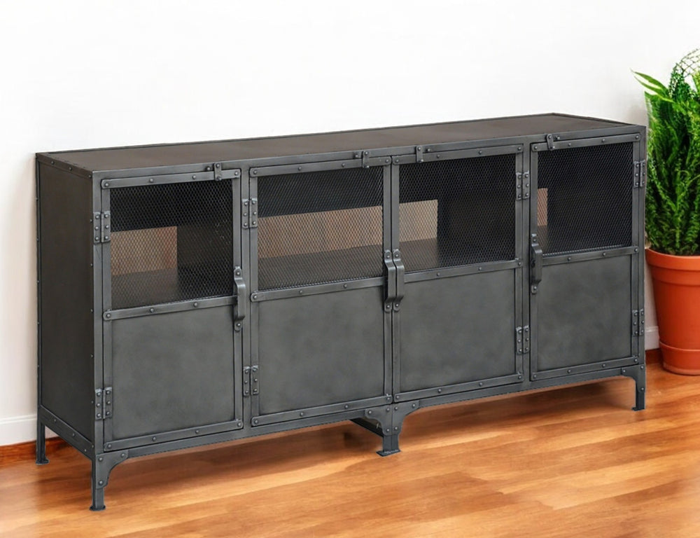Homeroots 72" Dark Gray Metal Enclosed Storage Tv Stand - Industrial Style Media Center With Ample Shelving  Metal 489501