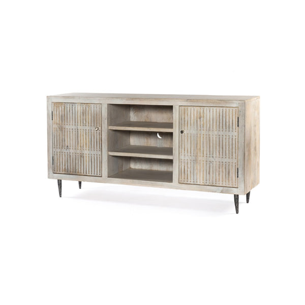HomeRoots 60" Artisan Ivory Carved TV Stand - Vintage Rustic Solid Wood with Open & Enclosed Storage Options 489506