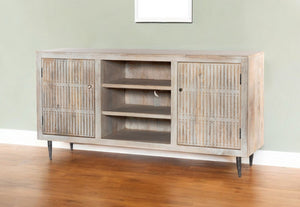 HomeRoots 60" Artisan Ivory Carved TV Stand - Vintage Rustic Solid Wood with Open & Enclosed Storage Options 489506