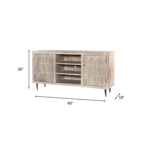 HomeRoots 60" Artisan Ivory Carved TV Stand - Vintage Rustic Solid Wood with Open & Enclosed Storage Options 489506