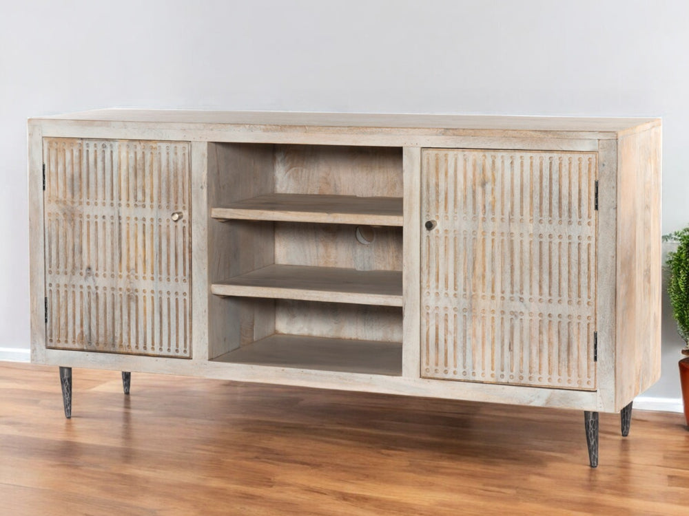 Homeroots 60" Ivory Carved Geometric Tv Stand - Distressed Solid Wood With Open Storage & Cable Management  Solid Wood 489506