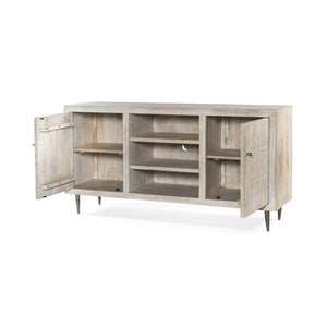HomeRoots 60" Artisan Ivory Carved TV Stand - Vintage Rustic Solid Wood with Open & Enclosed Storage Options 489506