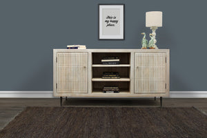 HomeRoots 60" Artisan Ivory Carved TV Stand - Vintage Rustic Solid Wood with Open & Enclosed Storage Options 489506
