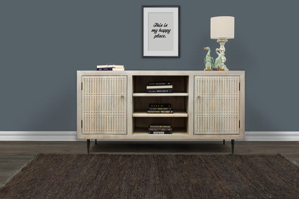 HomeRoots 60" Artisan Ivory Carved TV Stand - Vintage Rustic Solid Wood with Open & Enclosed Storage Options 489506