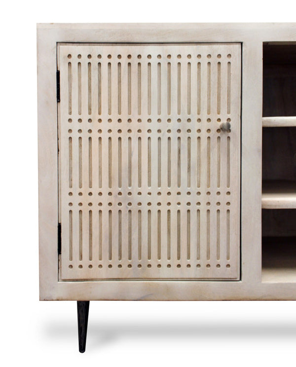 HomeRoots 60" Artisan Ivory Carved TV Stand - Vintage Rustic Solid Wood with Open & Enclosed Storage Options 489506