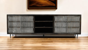 HomeRoots 92" Solid Wood Geometric TV Stand - Hand-Carved Rustic Storage Console with Open Shelves & Metal Legs 489507