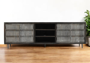 Homeroots 92" Dark Brown Carved Geometric Solid Wood Tv Stand - Distressed Rustic Style With Open Storage Design  Solid Wood 489507