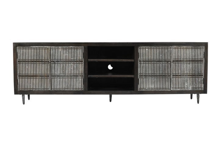 Homeroots 92" Dark Brown Carved Geometric Solid Wood Tv Stand - Distressed Rustic Style With Open Storage Design  Solid Wood 489507