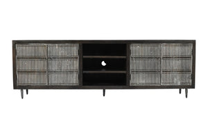 Homeroots 92" Dark Brown Carved Geometric Solid Wood Tv Stand - Distressed Rustic Style With Open Storage Design  Solid Wood 489507