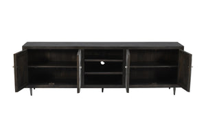 Homeroots 92" Dark Brown Carved Geometric Solid Wood Tv Stand - Distressed Rustic Style With Open Storage Design  Solid Wood 489507