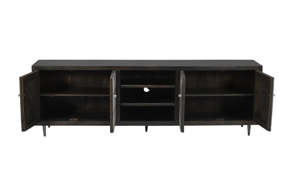 Homeroots 92" Dark Brown Carved Geometric Solid Wood Tv Stand - Distressed Rustic Style With Open Storage Design  Solid Wood 489507