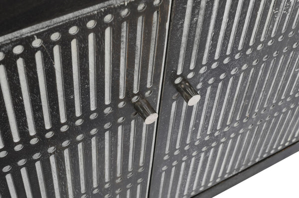 Homeroots 92" Dark Brown Carved Geometric Solid Wood Tv Stand - Distressed Rustic Style With Open Storage Design  Solid Wood 489507