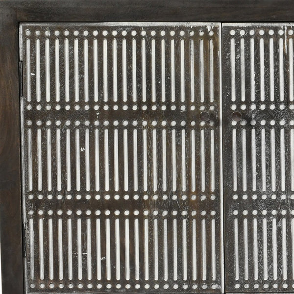 Homeroots 92" Dark Brown Carved Geometric Solid Wood Tv Stand - Distressed Rustic Style With Open Storage Design  Solid Wood 489507