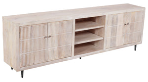 HomeRoots 92" Artisan Carved Ivory Distressed Wood TV Stand with Open Storage & Enclosed Cabinets for Style 489508