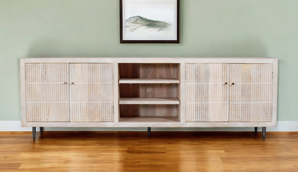 HomeRoots 92" Artisan Carved Ivory Distressed Wood TV Stand with Open Storage & Enclosed Cabinets for Style 489508