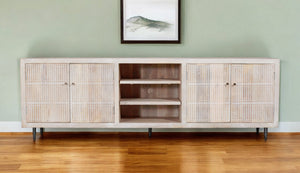 HomeRoots 92" Artisan Carved Ivory Distressed Wood TV Stand with Open Storage & Enclosed Cabinets for Style 489508