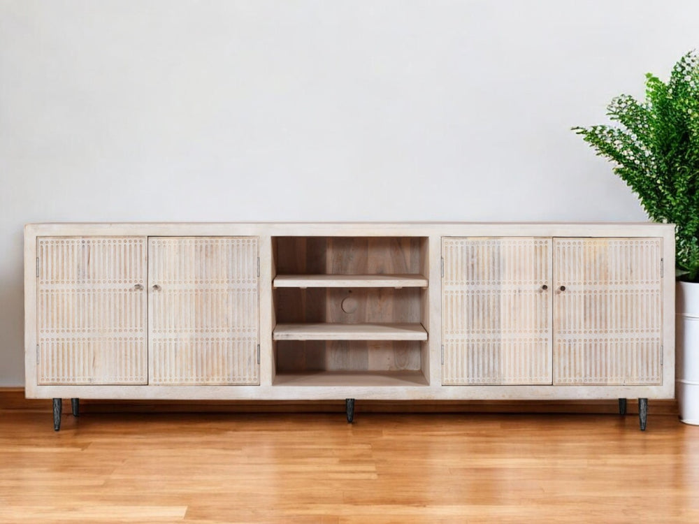 HomeRoots 92" Artisan Carved Ivory Distressed Wood TV Stand with Open Storage & Enclosed Cabinets for Style 489508