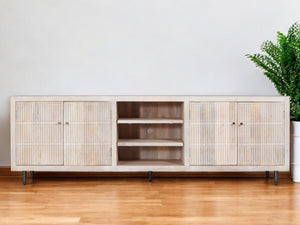 HomeRoots 92" Artisan Carved Ivory Distressed Wood TV Stand with Open Storage & Enclosed Cabinets for Style 489508