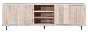 HomeRoots 92" Artisan Carved Ivory Distressed Wood TV Stand with Open Storage & Enclosed Cabinets for Style 489508