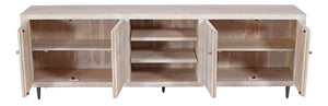 HomeRoots 92" Artisan Carved Ivory Distressed Wood TV Stand with Open Storage & Enclosed Cabinets for Style 489508