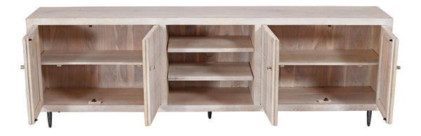 HomeRoots 92" Artisan Carved Ivory Distressed Wood TV Stand with Open Storage & Enclosed Cabinets for Style 489508