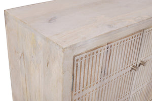 HomeRoots 92" Artisan Carved Ivory Distressed Wood TV Stand with Open Storage & Enclosed Cabinets for Style 489508