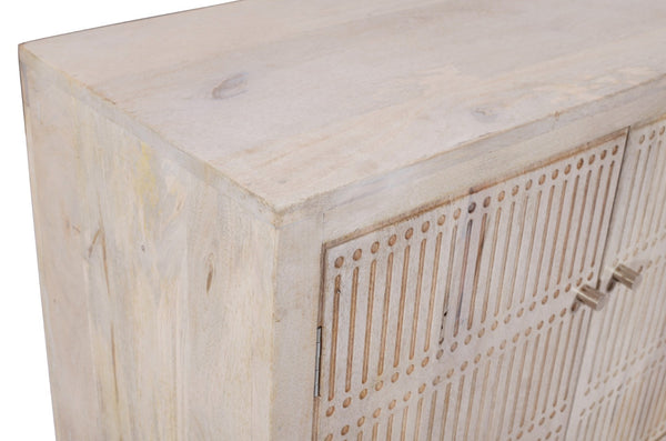 HomeRoots 92" Artisan Carved Ivory Distressed Wood TV Stand with Open Storage & Enclosed Cabinets for Style 489508