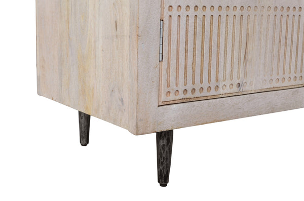 HomeRoots 92" Artisan Carved Ivory Distressed Wood TV Stand with Open Storage & Enclosed Cabinets for Style 489508
