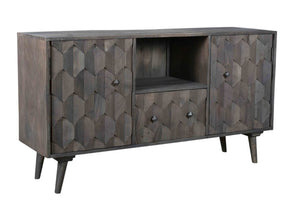 Homeroots 55" Dark Gray Carved Geometric Solid Wood Tv Stand With Open Storage For A Chic Home Theater Look  Solid Wood 489509