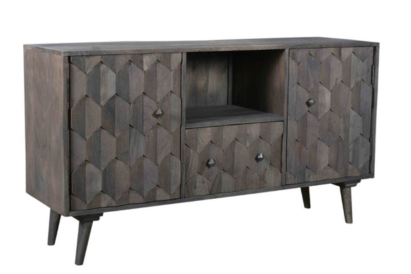 Homeroots 55" Dark Gray Carved Geometric Solid Wood Tv Stand With Open Storage For A Chic Home Theater Look  Solid Wood 489509