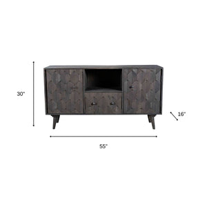 Homeroots 55" Dark Gray Carved Geometric Solid Wood Tv Stand With Open Storage For A Chic Home Theater Look  Solid Wood 489509