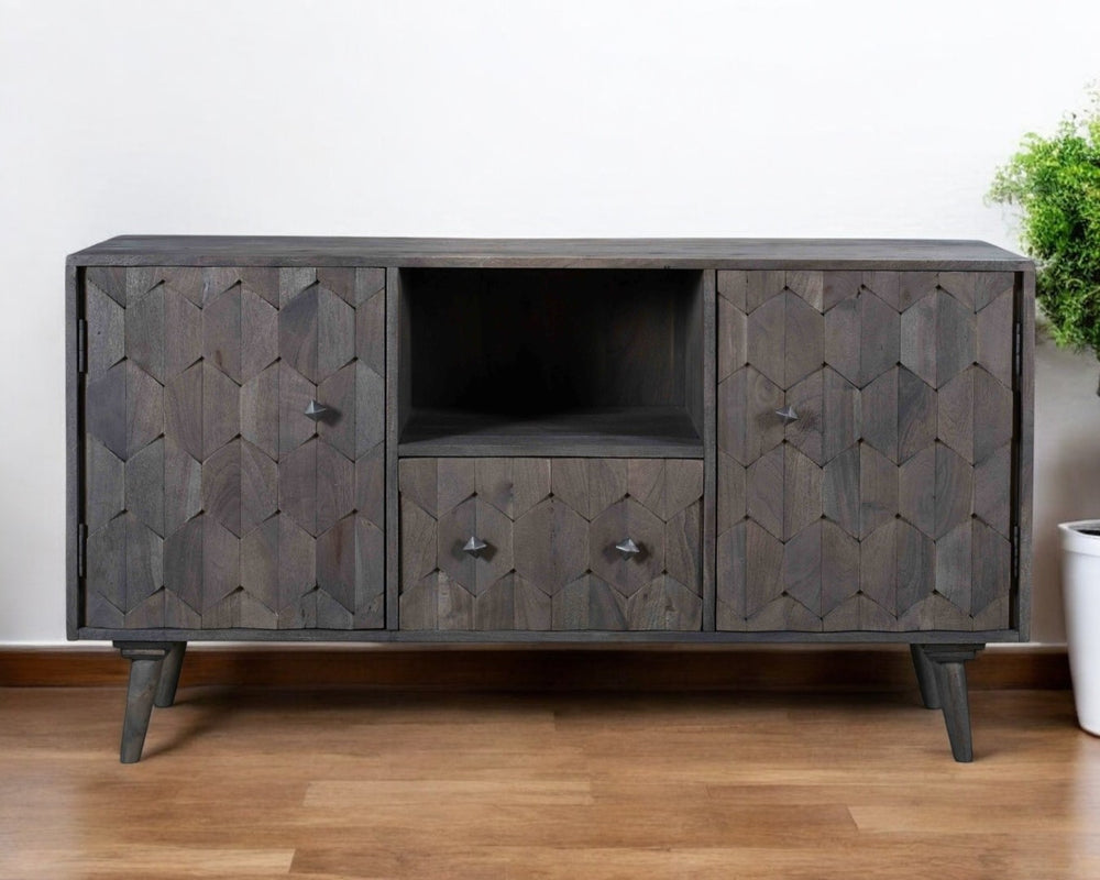HomeRoots 55" Dark Gray Artisan Carved Solid Wood TV Stand with Distressed Finish & Versatile Storage Options 489509