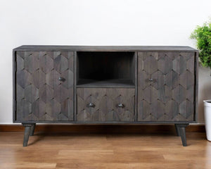 Homeroots 55" Dark Gray Carved Geometric Solid Wood Tv Stand With Open Storage For A Chic Home Theater Look  Solid Wood 489509