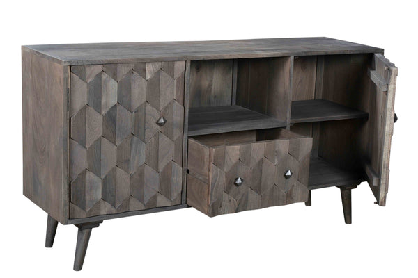 Homeroots 55" Dark Gray Carved Geometric Solid Wood Tv Stand With Open Storage For A Chic Home Theater Look  Solid Wood 489509