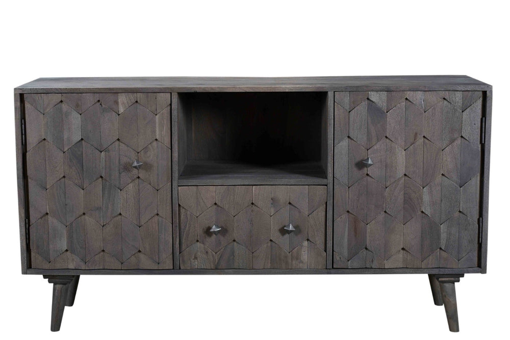 HomeRoots 55" Dark Gray Artisan Carved Solid Wood TV Stand with Distressed Finish & Versatile Storage Options 489509