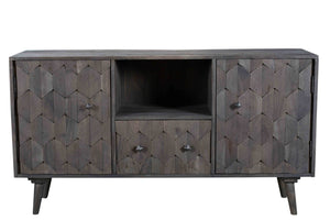 HomeRoots 55" Dark Gray Artisan Carved Solid Wood TV Stand with Distressed Finish & Versatile Storage Options 489509