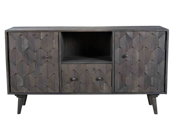 HomeRoots 55" Dark Gray Artisan Carved Solid Wood TV Stand with Distressed Finish & Versatile Storage Options 489509