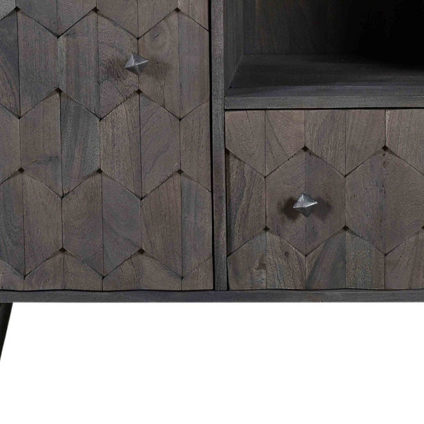 Homeroots 55" Dark Gray Carved Geometric Solid Wood Tv Stand With Open Storage For A Chic Home Theater Look  Solid Wood 489509