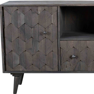 Homeroots 55" Dark Gray Carved Geometric Solid Wood Tv Stand With Open Storage For A Chic Home Theater Look  Solid Wood 489509