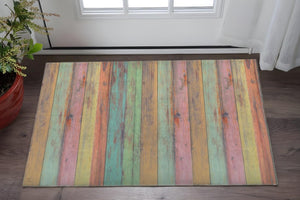 HomeRoots 2' X 5' Distressed Aqua Green & Pink Vinyl Rug - Durable, UV-Protected, Easy-Clean for High Traffic Areas 489510